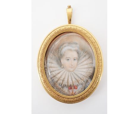 An early 20th Century portrait miniature on ivory of a lady of the court of Queen Elizabeth I, wearing ruff, pearl encrusted 