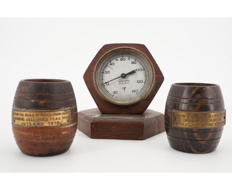 A desk thermometer bearing a plaque engraved "With the compliments of Frederick Parker Ltd, Leicester, England. From teak of 