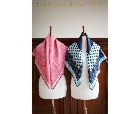 Two vintage Valentino silk scarves, one in a navy and turquoise blue spot design, the other in baby pink and fuschia, each 90