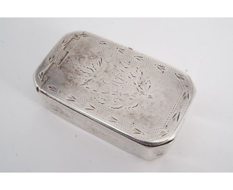 A George III silver snuff box, of rectangular section with canted corners, having wriggle-work and engraved decoration surrou