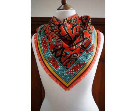 A vintage Liberty of London wool scarf of Celtic influence, in black, red and turquoise blue, 65 x 65 cm