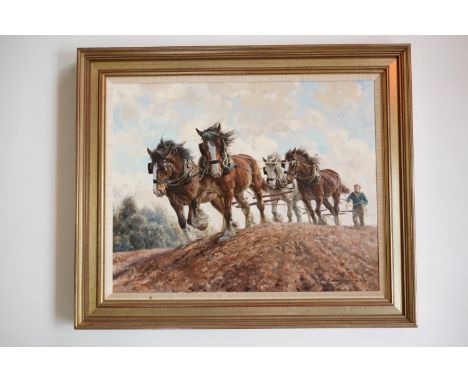 Rosemary Sarah Welch (b.1946) "Hurricane Charlie", large scale study of horses ploughing, oil on canvas, in gilt frame, 60 x 