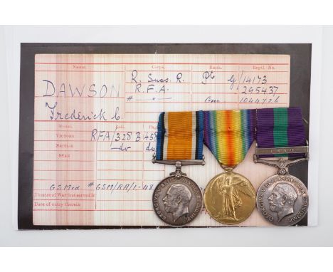 British War and Victory Medals, together with George V GSM with Iraq clasp to G-14173 Pte F C Dawson, R Suss R / 1044726 Gnr 