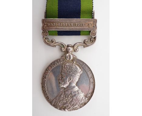 A George V India Service medal with Waziristan 1919-21 clasp to 6078113 Pte S E Jeffreys, The Queen's R