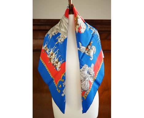 A vintage Hermes 'L'Ecole Espagnole de Vienne' pattern silk scarf designed by Philip LeDoux, in cobalt blue and fuschia, appr