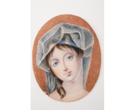 An early 19th Century miniature portrait on ivory of a young lady, her head tilted and her gaze directed towards the viewer, 