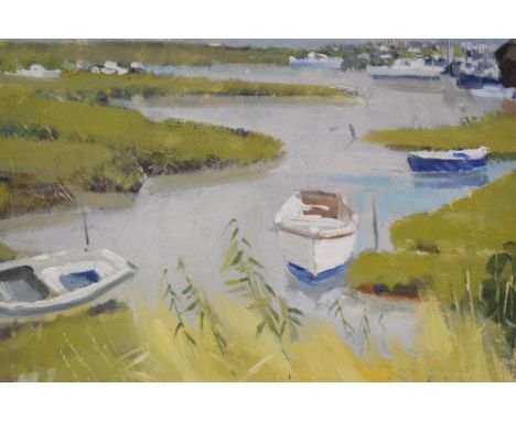 Dennis Hill (British 20th/21st century) oil on board, Poole Harbour Backwaters, signed lower right, within a material mounted