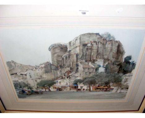 WILLIAM RUSSELL FLINT - 50cm x 64cm - coloured print - continental village scene with castle - signed in pencil by the Artist