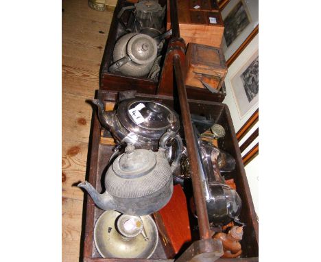 Two wooden boxes containing collectables, including postal scales, jewellery box, etc.