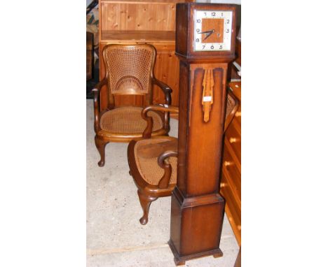Pair of cane work armchairs on cabriole supports, together with a Grandmother clock