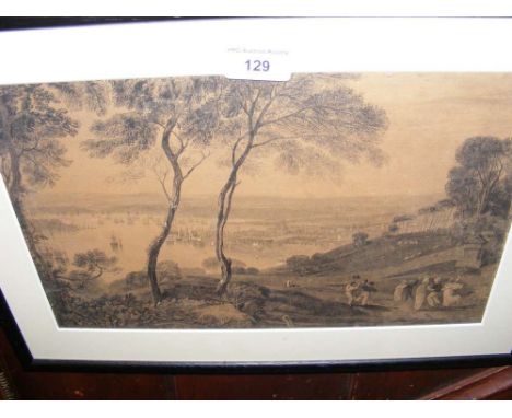 MANNER OF J M W TURNER - 22cm x 35cm - pencil drawing with figures in landscape to the foreground, numerous ships at anchor b