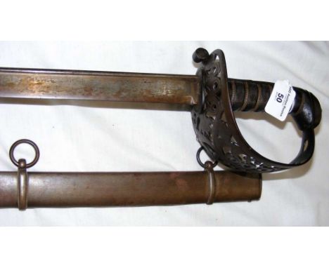 Antique Cavalry Officer's sword with curved blade and pierced hand guard, having metal scabbard - 103cm long