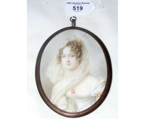 An oval miniature portrait of lady with ringlets, with initial to reverse - 12cm x 9cm