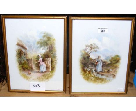 S M SCOTT - pair of paintings on porcelain - country maiden scenes