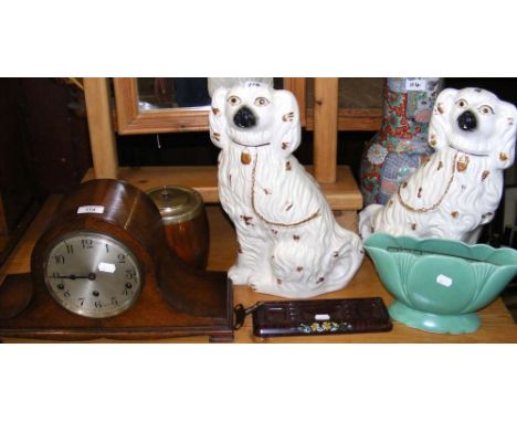 Mantel clock, Staffordshire dogs, etc.