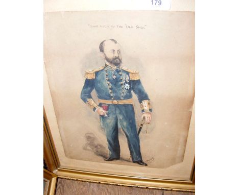 H PEARSON APPLIN - 31cm x 25cm - watercolour - portrait of a Naval Officer in full dress uniform "Good Luck To The Old Ship" 