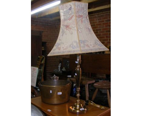 A large brass table lamp, together with a preserve pan