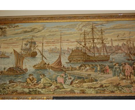 A reproduction tapestry panel depicting a busy harbour scene Condition Report / Extra Information 66 x 157cm.
Condition good,