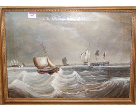 Circa 1900 continental school - Sailing boats in choppy seas, oil on canvas, 35 x 50cm (with patch repair)