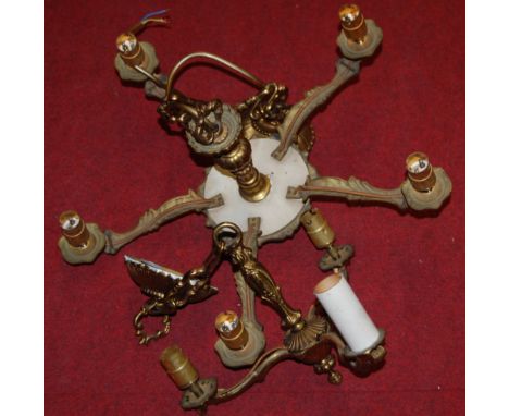 A quantity of gilt metal light fittings to include; five light ceiling pendant