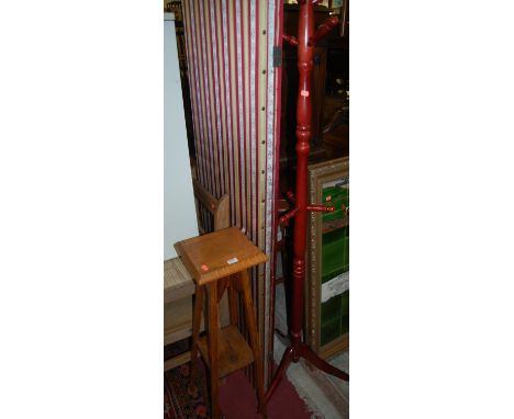 Occasional furniture to include; striped floral three section dressing screen, beech hatstand, and a light oak two tier plant