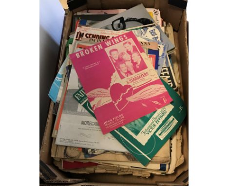 Two boxes containing various sheet music and music brochures, including "Fats Waller's Boogie Woogie Suite", "Duke Ellington 