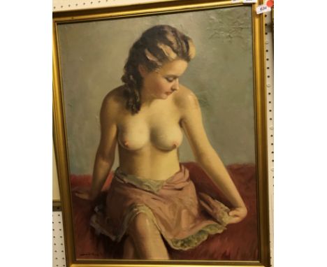 JANOS SZÖLLÖSY (b. 1884) "Topless model seated on a bed", a portrait study, three quarter length, oil on canvas, signed lower