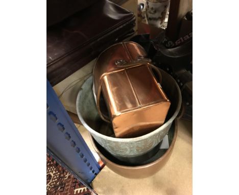 A collection of sundry items to include copper planters, a set of four pictures, golf trolley and club, leather briefcase and