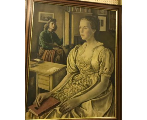 PAULA FITZGERALD "Christobel Bowen", a portrait study with self portrait of the artist in the background, oil on canvas, sign