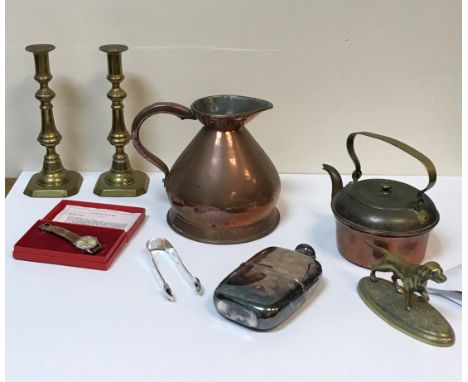 A box of various metal wares, to include plated hip flask, pair of Victorian silver sugar tongs, copper half gallon haystack 