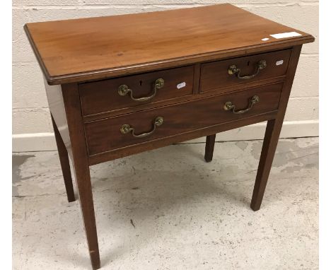 A 19th Century mahogany side table, the plain top with moulded edge over two short and one long drawer with brass swan neck h