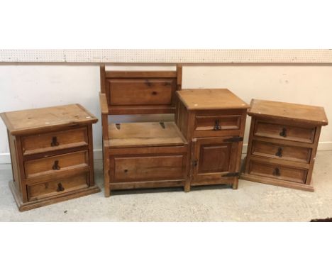 A pair of modern pine three drawer chests with wrought iron handles, 60 cm wide x 43 cm deep x 60 cm high, together with a ma