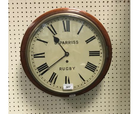 A late 19th Century mahogany-cased circular wall dial, the single train fusee movement with circular enamel dial and roman nu
