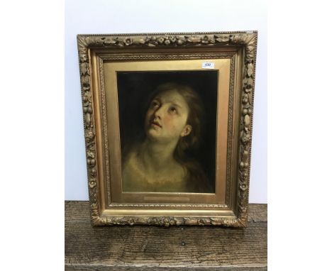 19TH CENTURY ENGLISH SCHOOL "Young Girl with Flowing Locks Gazing Upwards", a portrait study head and shoulders, oil on board