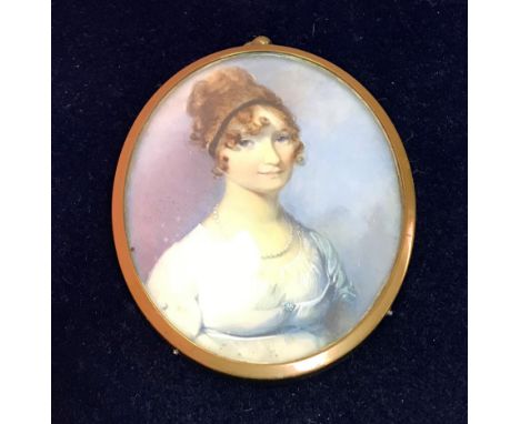 EARLY 19TH CENTURY ENGLISH SCHOOL "Young woman with hair in ringlets wearing lace trimmed dress and pearl necklace", a portra