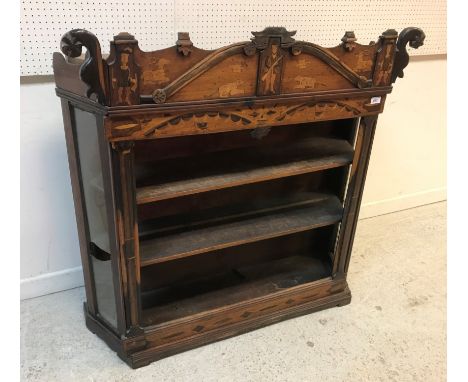 A 19th Century Continental walnut and marquetry inlaid side cabinet with sliding door (glass missing) and glazed side panels 