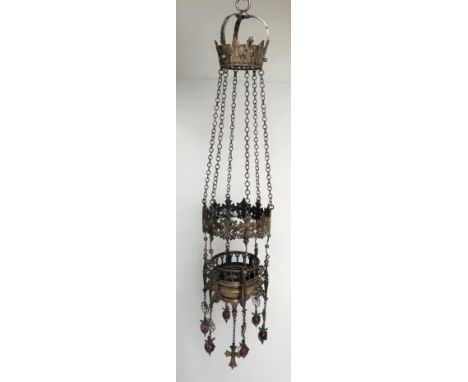 A rare Edwardian Arts &amp; Crafts silver sanctuary lamp of Middle Eastern influence, the hanger of coronet design over a cen
