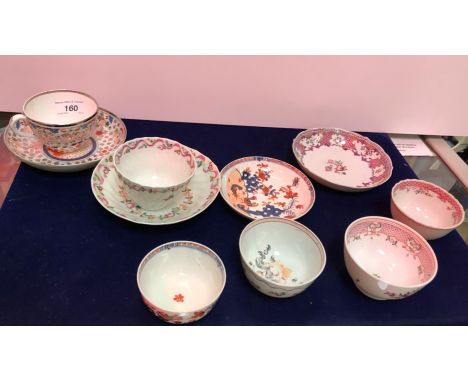 Three 19th Century polychrome decorated tea bowls and saucers, two similar tea bowls and a lustre ware decorated tea cup and 
