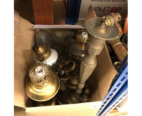 A box of various gas light fittings, brass table lamp, various glass lampshades, etc