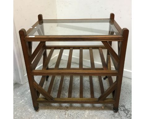 A modern mahogany and brass inlaid millitry style lamp table, 53cm x 53cm x 51cm high, another mahogany lamp table with X-str