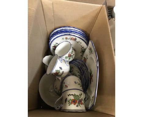 Three boxes of assorted decorative china wares to include a Wedgwood "Windsor Grey" 46 piece dinner / tea service, various Tu