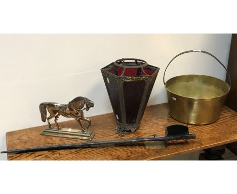 A circa 1900 embossed brass framed etched ruby glass panelled ceiling lantern of tapering hexagonal form, 27.5cm diameter x 3