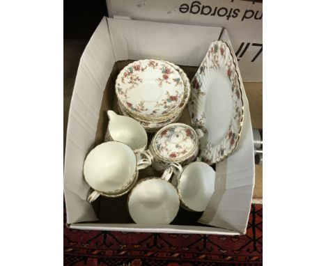 A box containing a Minton "Ancestral" tea service, together with a box of sundry china wares to include Denby "Green Wheat", 