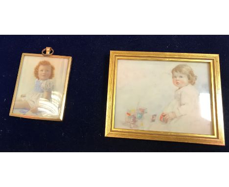 20TH CENTURY ENGLISH SCHOOL "Young child with building blocks" a miniature portrait study watercolour, 8.5cm x 11cm, another 