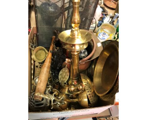 A box of various brass, copper, iron and other metal wares including modern Indian temple oil lamps, brass dishes, cast iron 