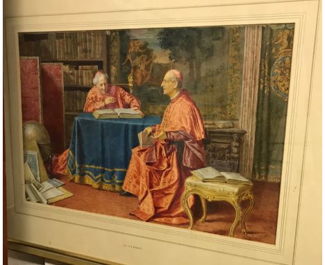 G R MORETTI (19th/20th Century) "Cardinals seated in library", watercolour, signed lower left, image approx 34 cm x 51.5 cm, 