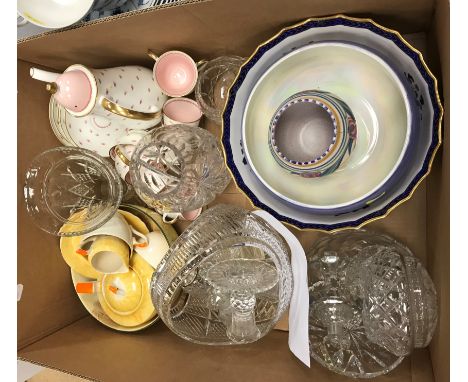 A box of various china and glassware to include Carlton ware mauve lustre fruit bowl, Carter Stabler &amp; Adams Limited Pool