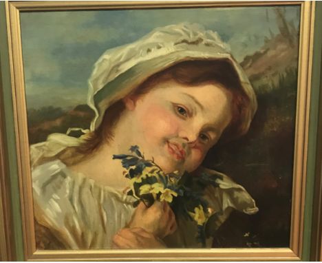 19TH CENTURY ENGLISH SCHOOL "Young Girl in Bonnet with Posy of Wild Flowers", a portrait study head and shoulders, oil on boa