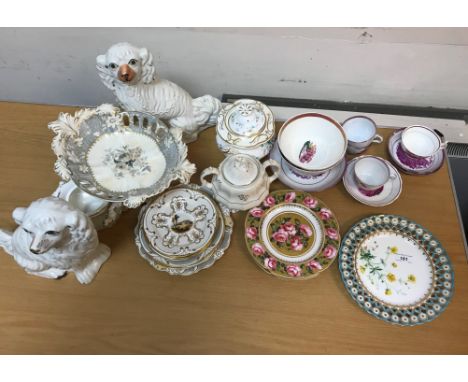 A box of various pottery tea wares, dinner wares etc, to include a pair of Derby Stephenson &amp; Hancock cabbage rose decora