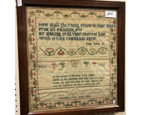 A George III needlework sampler with script from Psalm 119 by Jamima Carnegie Napier September 1799 Aged 10, 38cm x 34.5cm in